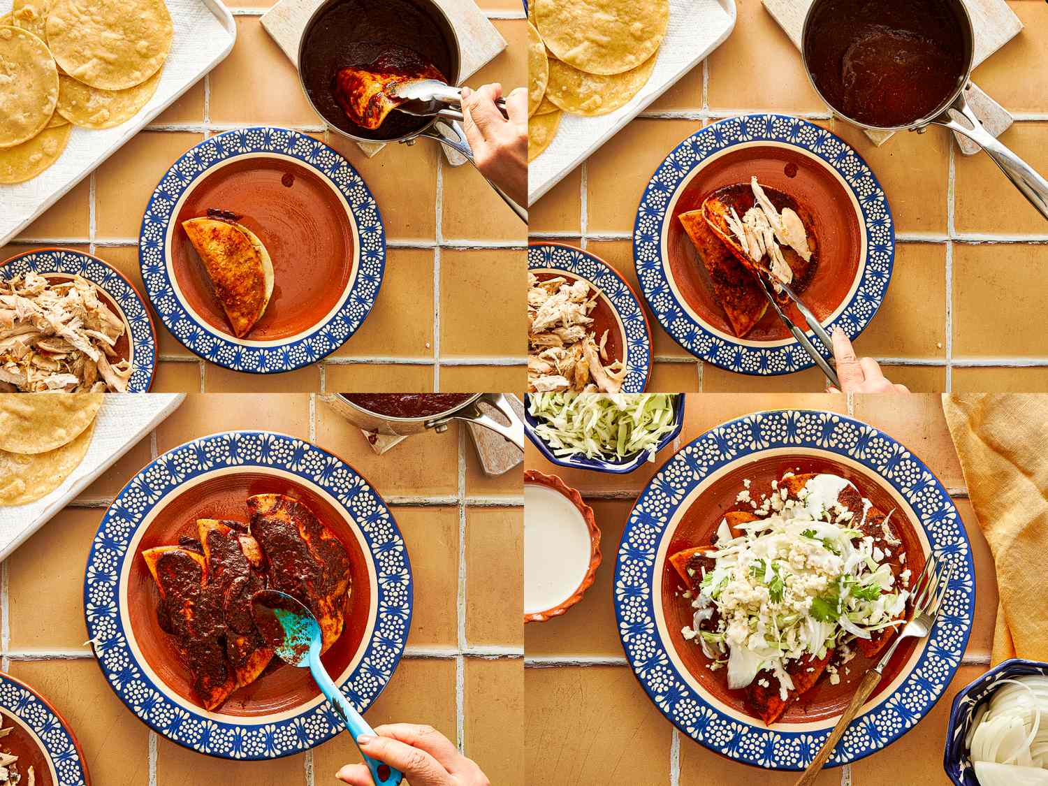 The process of assembling enchiladas with sauce filling and toppings on a tile surface with cooking utensils and plates nearby