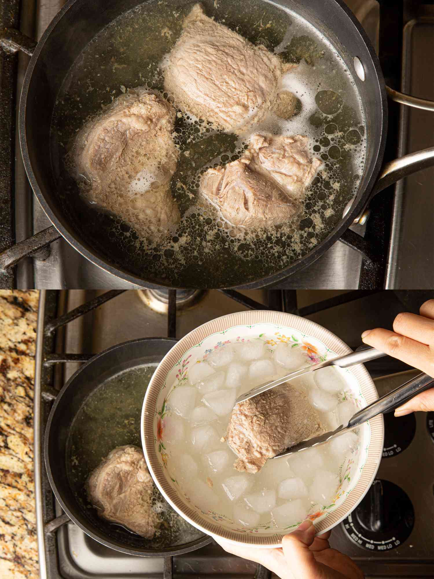 Two image collage of pork butt cooking in pot and then being dunked in an ice bath