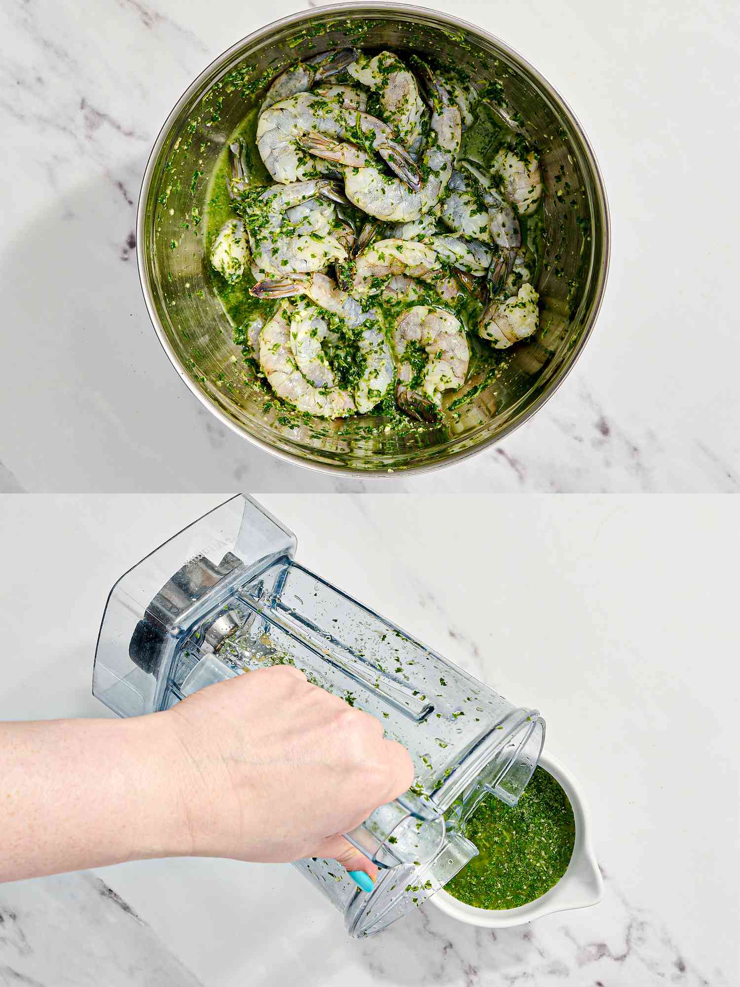 Two image collage of marinating shrimp and pouring reserved from blender