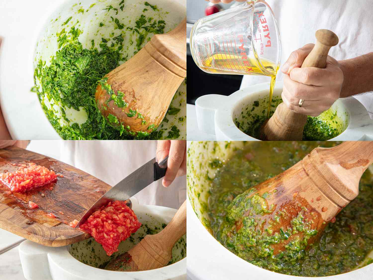Steps of making Pistou in a mortar and pestle showing ingredients being crushed and mixed together