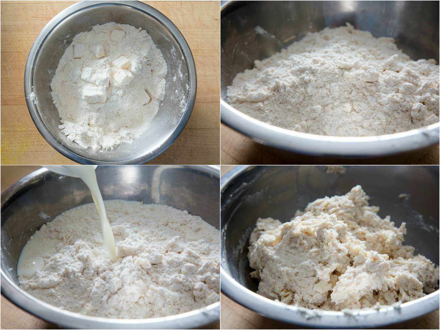 Collage of butter and milk being progressively added and worked into the dry ingredients.