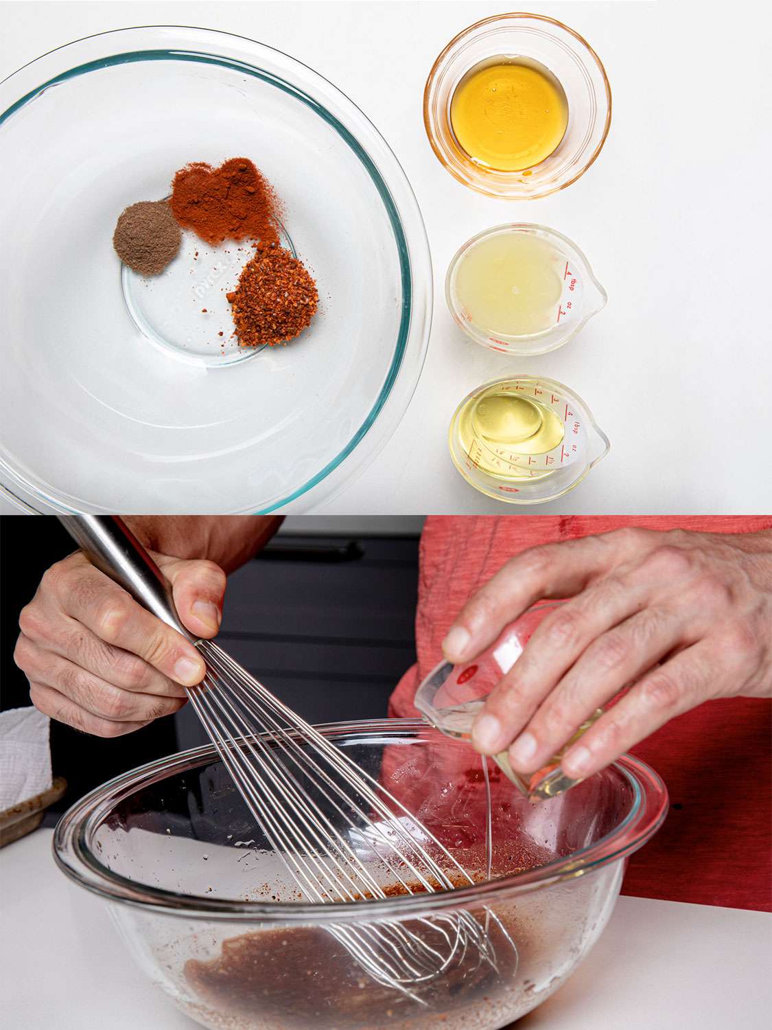 Two Image Collage: Top: Ingredients for the dressing, neatly organized. Bottom: Whisking oil into the dressing in a glass bowl. 
