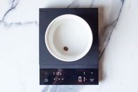 Hario Polaris Coffee Scale with a white bowl and a single bean inside, displaying a weight of 0.1 grams
