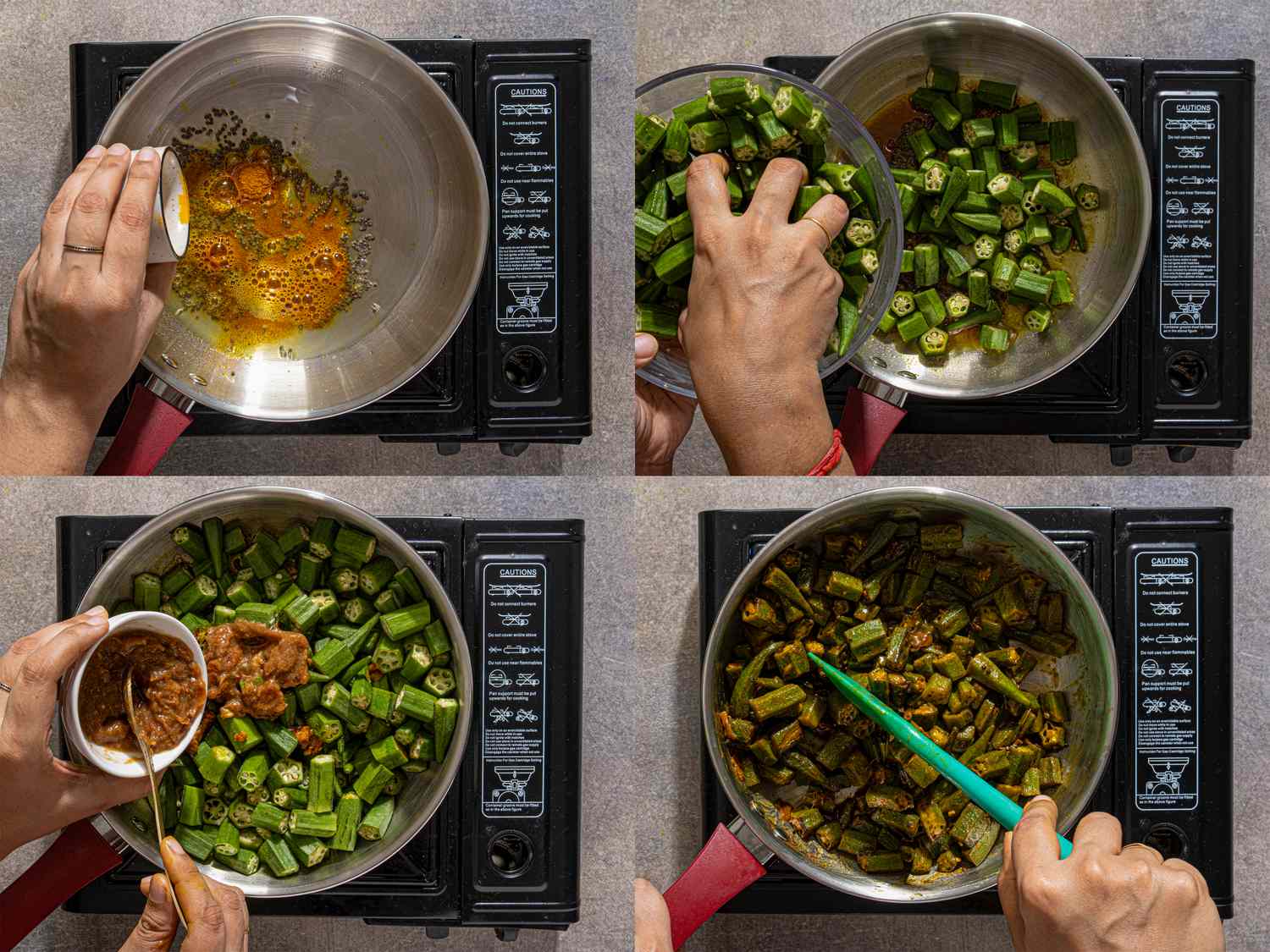 A person cooking okra with spices tamarind and jaggery in steps on a stovetop