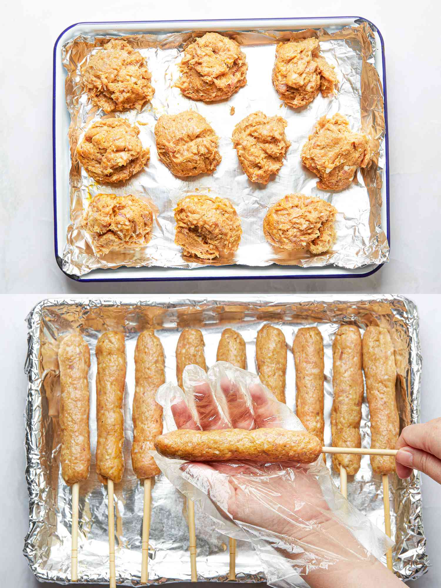 Two image collage of pork mixture in balls on a baking tray and formed onto skewers