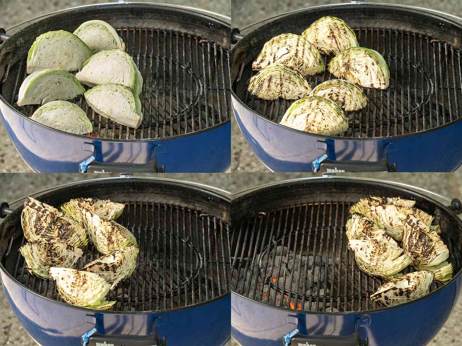 A four-image collage. Moving clockwise, the top-left image shows the cabbage wedges placed on the hot side of the grill. The top-right image shows those cabbage wedges now flipped over showing that they have grill marks. The bottom-left image shows the wedges flipped again, grilling the last ungrilled side. The bottom-right image shows the wedges now fully cooked on the grill and starting to slightly wilt.