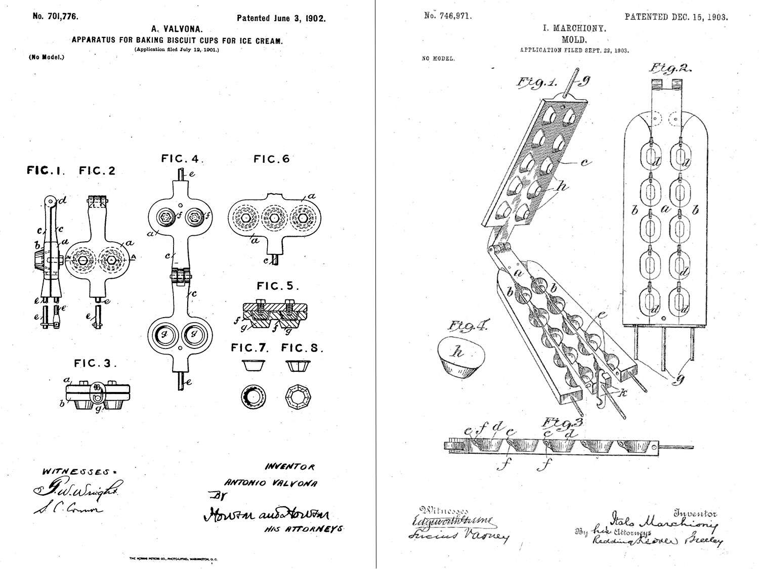 Two illustrations from two separate patent applications for molds to produce ice cream cone.