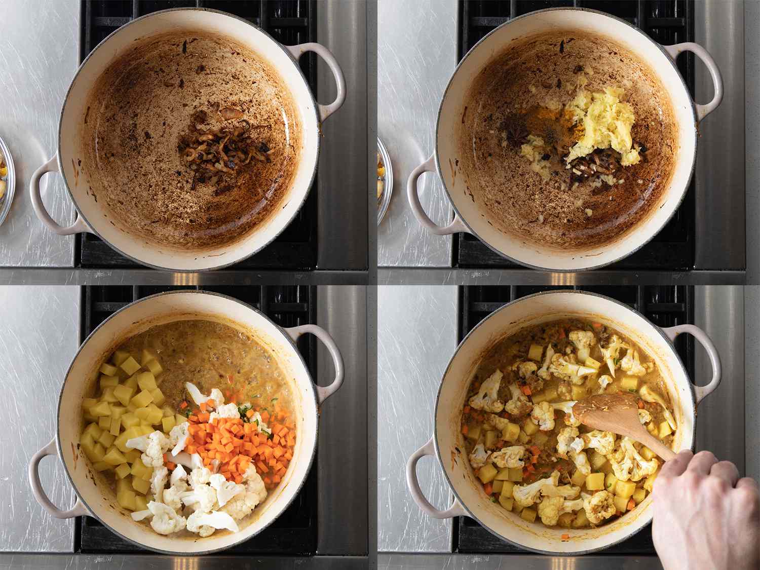 4 image collage of onions, yogurt, cauliflower, potato, carrot, and water, being added to the dutch oven