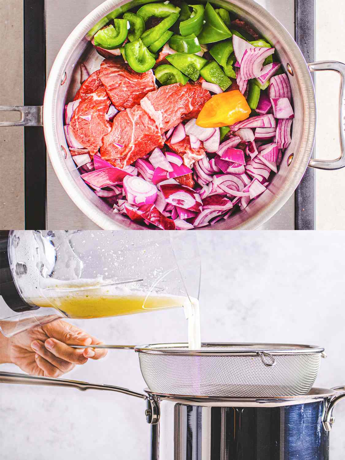 Two image collage of vegetables being cooked in a pot and then broth strained into pot