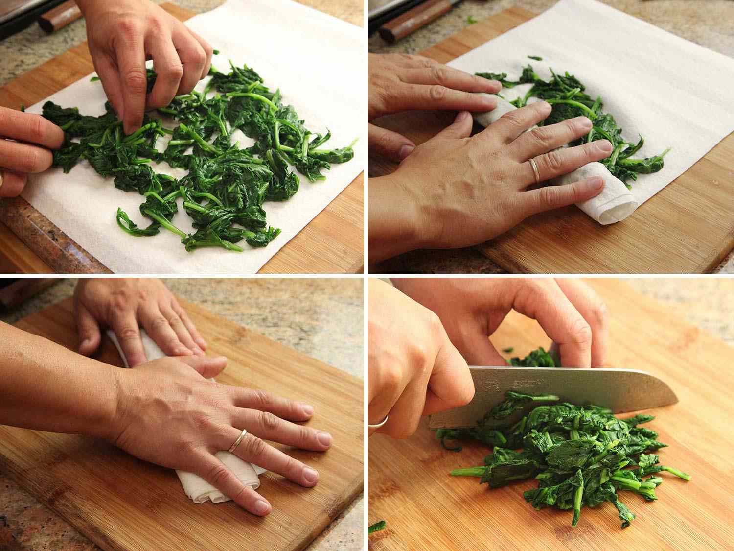 A collage: draining spinach and arugula on paper towel, rolling the paper towel to remove excess moisture, and chopping them with a knife. 