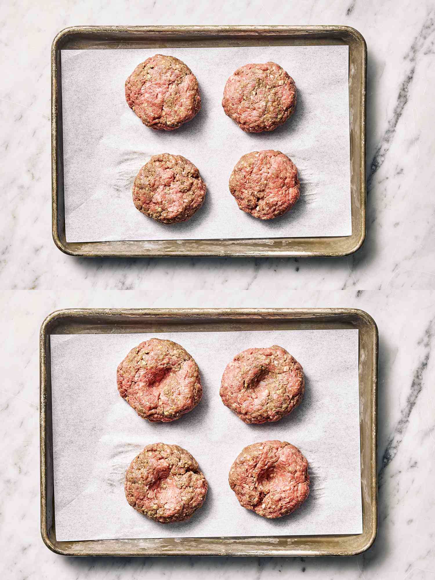 2 image collage. Top: beef mixture shaped into 4 patties on a sheepan. Bottom: Patties with a thumb indentation made in them on a sheetpan