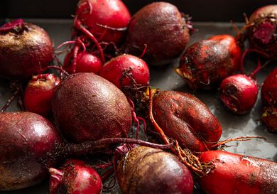 Freshly harvested beets on a tray showing dirt and stems attached