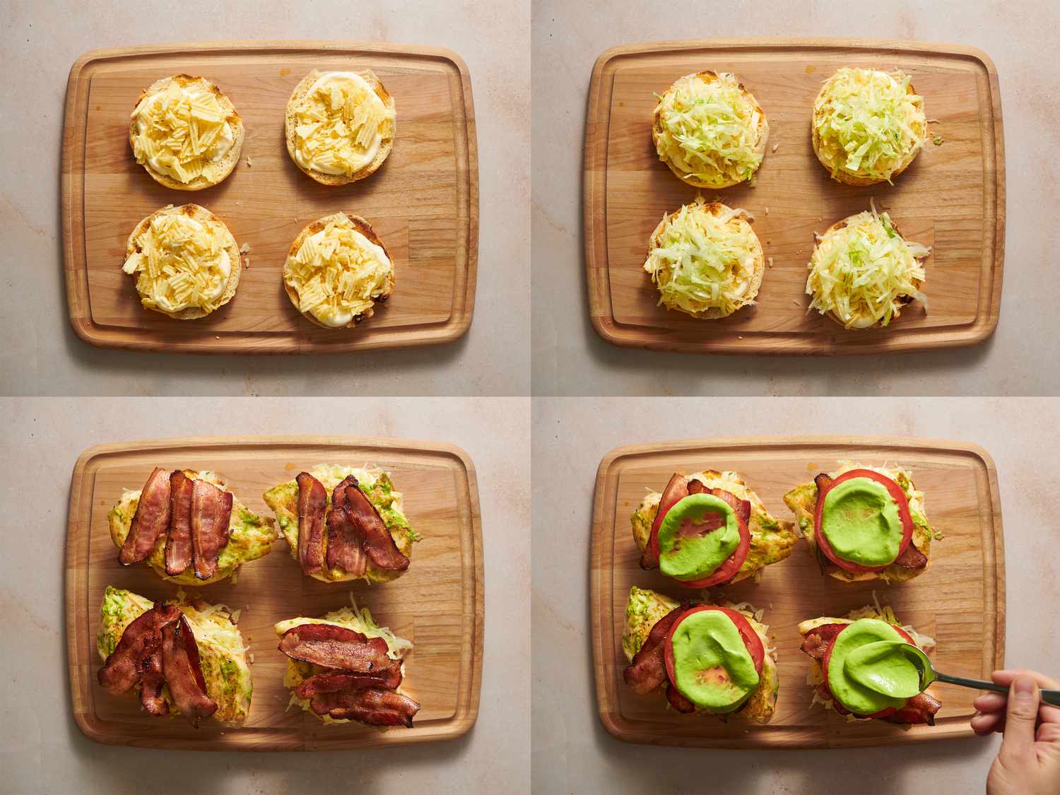 crushed potato chips, mayonnaise, lettuce, chicken breast, bacon, tomato slice, and green sauce on grilled chicken