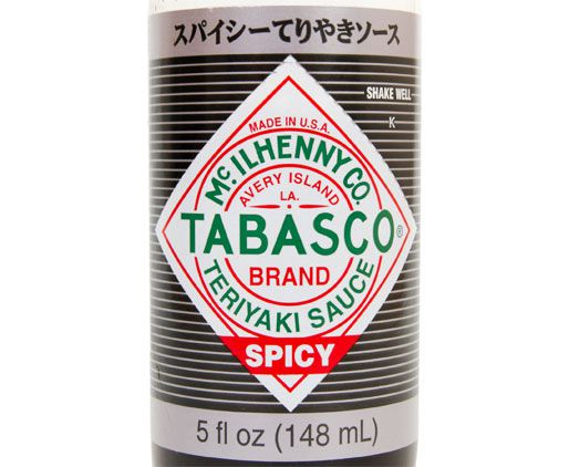 Closeup of bottle of Tabasco brand teriyaki sauce