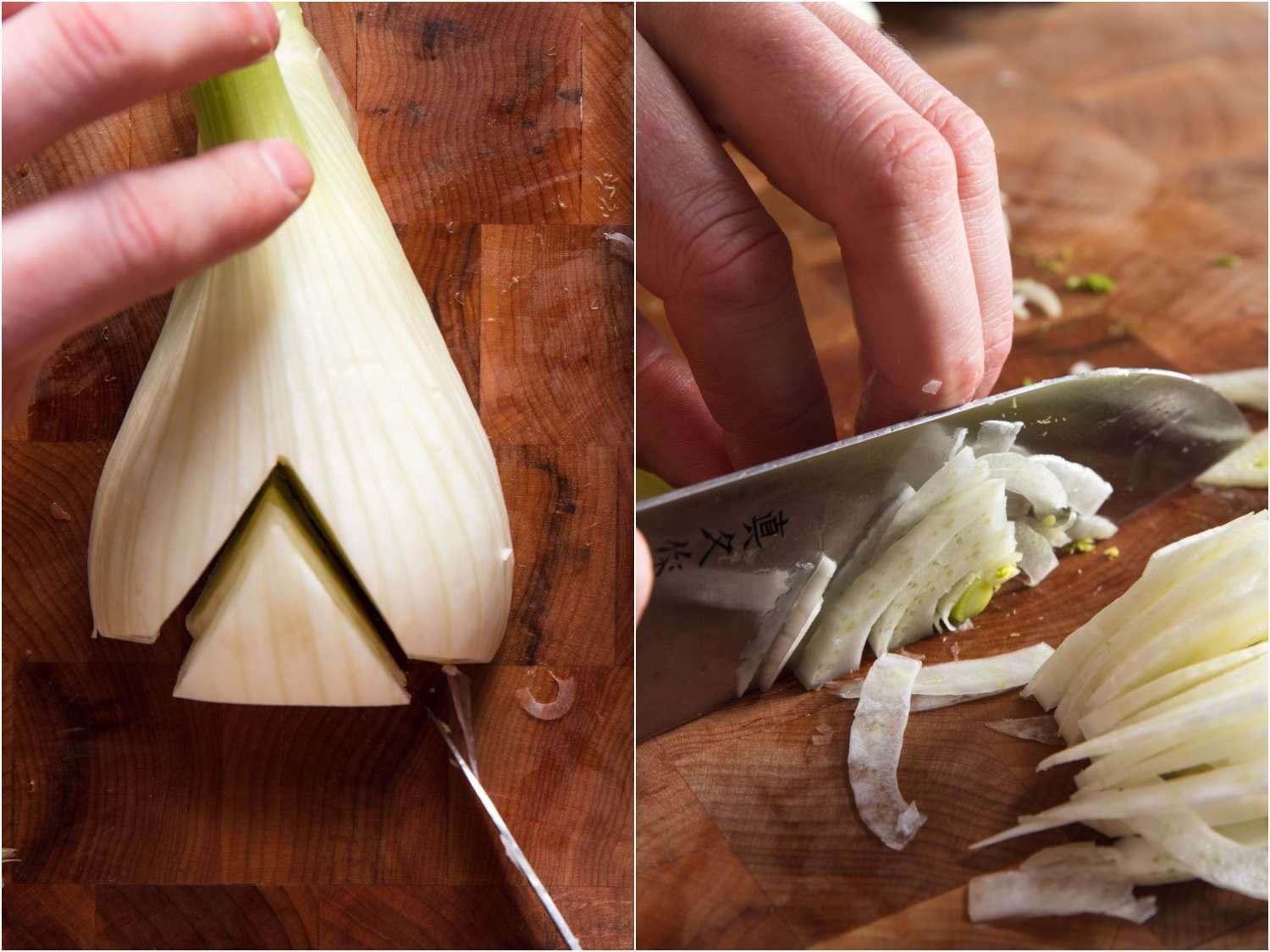 Side-by-side photos showing cutting the core from a fennel bulb and slicing it for the sauce.