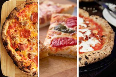 A three-panel image showing closeups of New York-style, Sicilian-style, and Neapolitan-style pizzas.