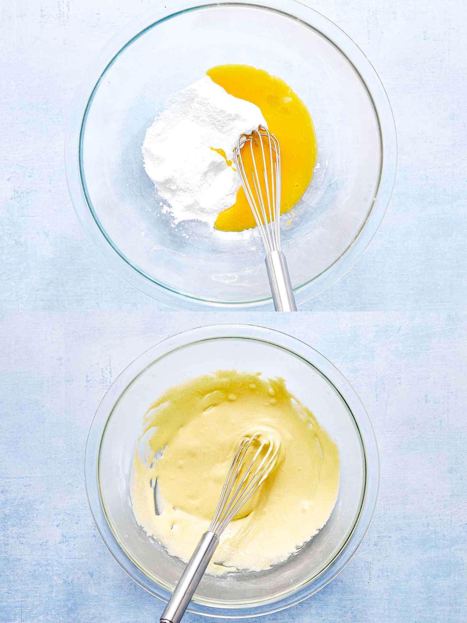 Two mixing bowls showing ingredients being whisked together for a pie filling