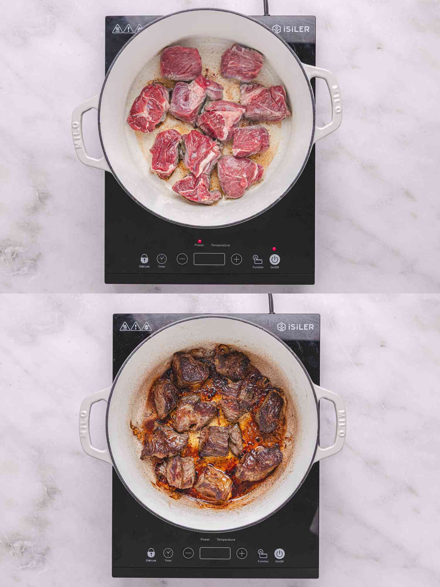2 image collage. Top: adding beef to dutch oven. Bottom: beef after searing in dutch oven