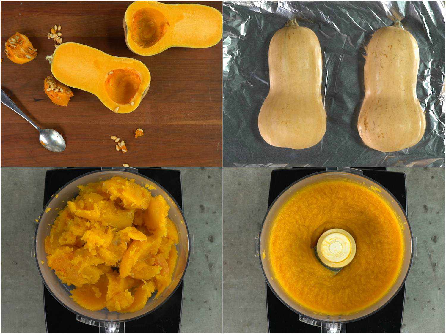 A collage: removing seeds from butternut squash, roasting the squash and pureeing the squash in a food processor. 