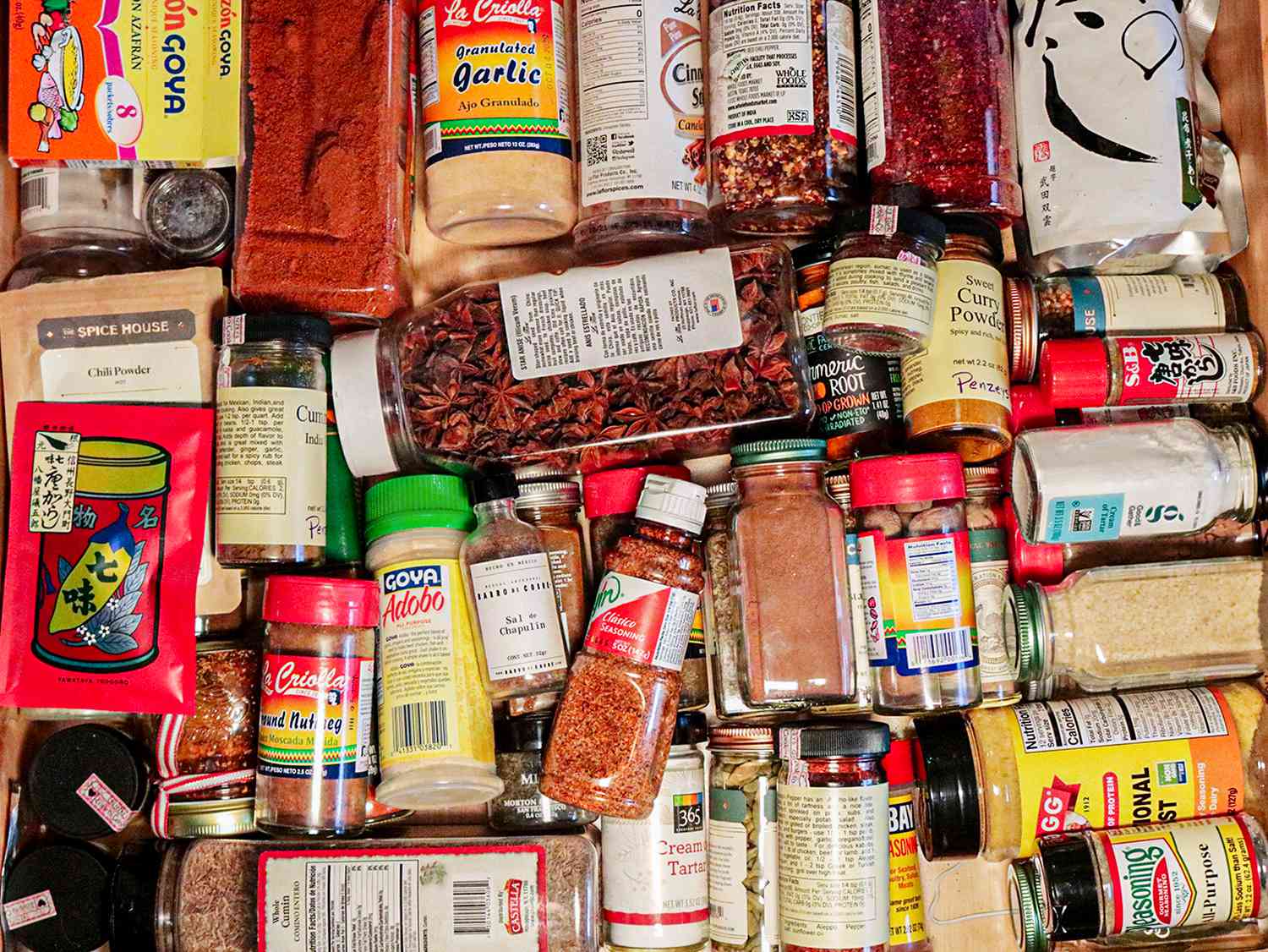 various spices in a drawer