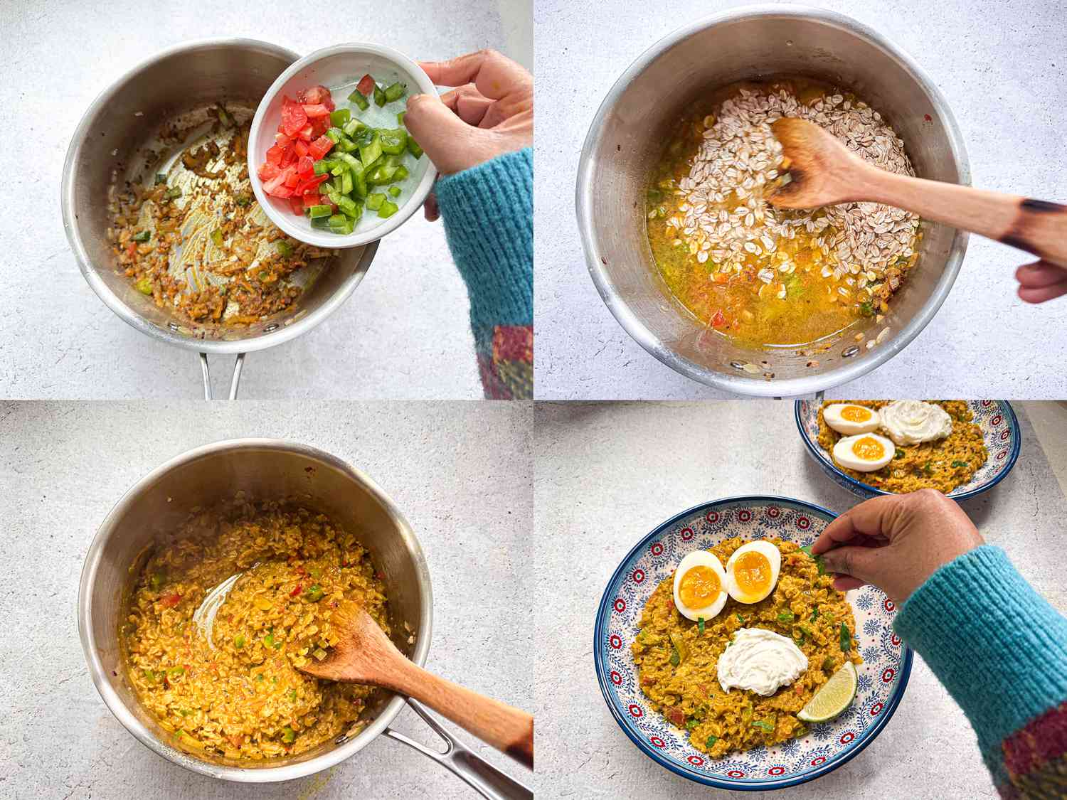 4 image collage. Top left: Pouring fresh diced tomato and pepper to mixture in saucepan. Top right: adding oats and water to mixture and stirring with wooden spoon. Bottom left: oats after thickening in pot, mixing with a wooden spoon Bottom Right: Oats plated and being garnished with eggs, yogurt and cilantro