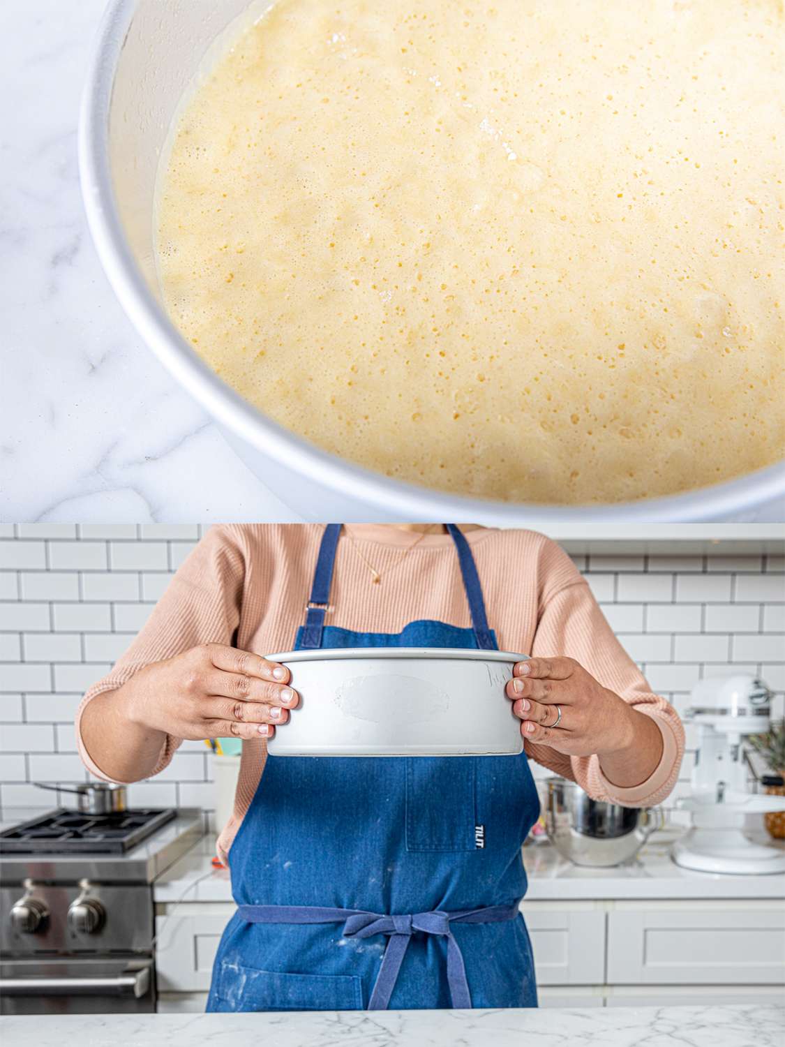 Two image collage of batter in pan and a chef about to drop the cake pan