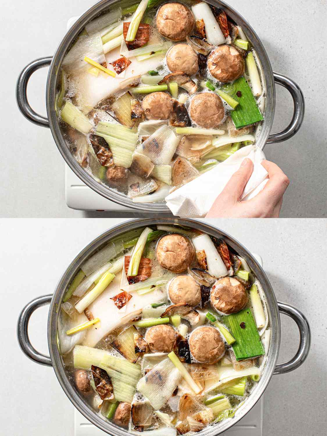 A two-image collage. The top image shows Bones, charred vegetables, leeks, scallion whites, mushrooms, pork fatback, and water coming to a rolling boil over high heat, while a hand with a paper towel wipes off scum from around rim of the pot. The bottom image shows the pot reduced to a bare simmer.