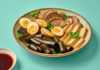 Overhead view of plated taiwanese braising bowl