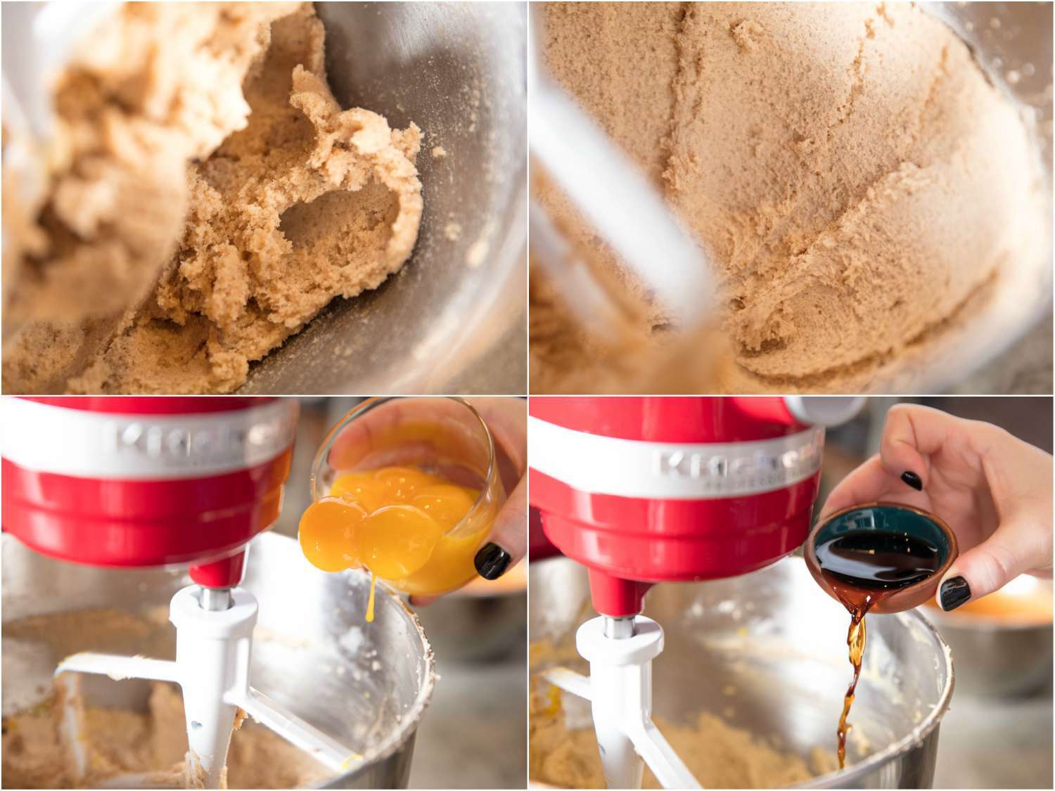 Collage of photos of creaming pumpkin cake batter: creaming butter and sugar until fluffy and pale, adding egg yolks, adding vanilla