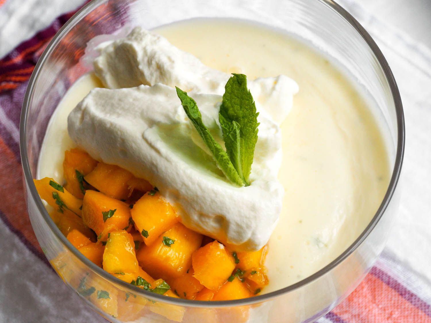 Close-up of a glass dish of lime posset and diced mango and mint topped with whipped cream and mint sprig.