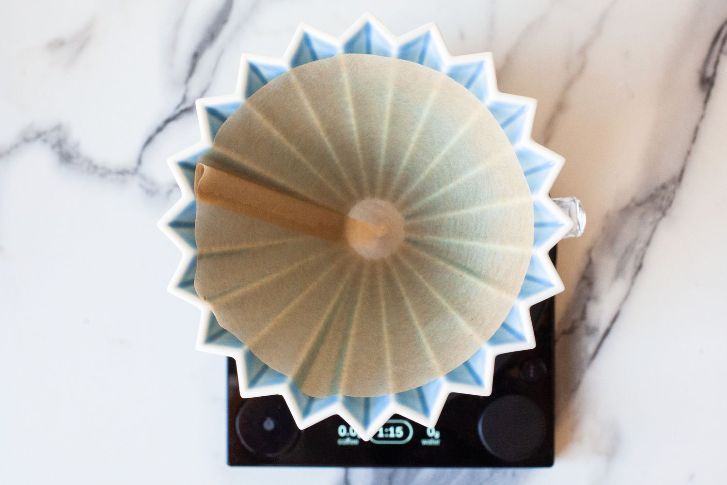 A coffee filter inside the Origami dripper