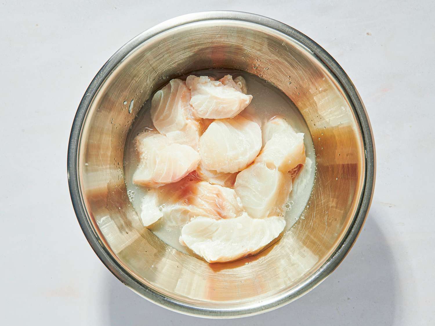 Overhead view of soaking fish