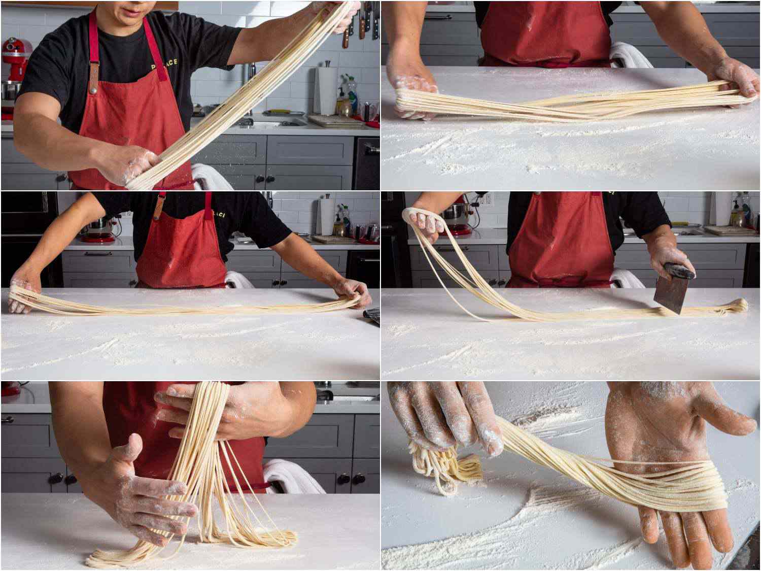 A 6-image collage of the final stages of hand-pulling thin strands of lamian noodles.
