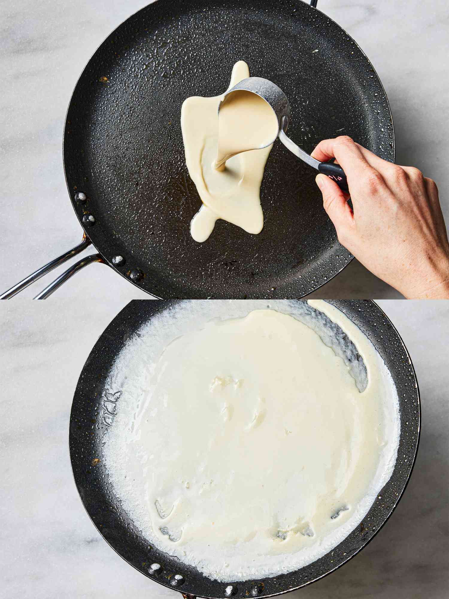 Two image collage of pouring crepe batter and swirling it around the pan