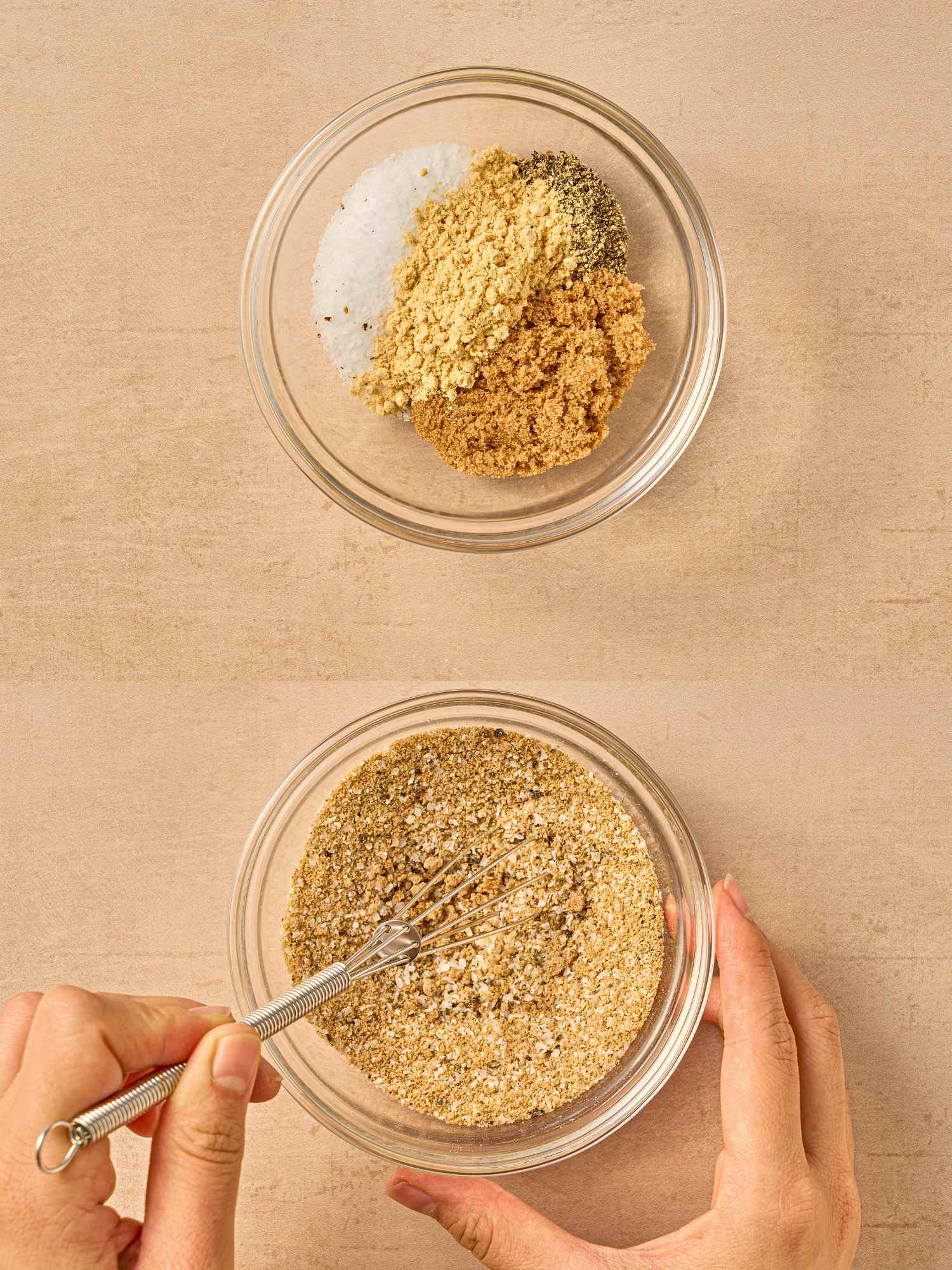 Two bowls with seasonings one unmixed and the other mixed using a fork