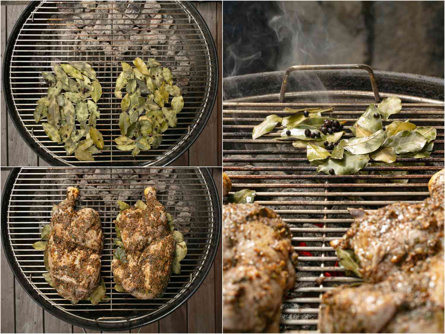 collage: wet bay leaves and allspice berries laid out on top of cool side of grill; chicken halves places atop the pile; a handful of bay leaves and allspice berries set atop the grill grate above the hot coals