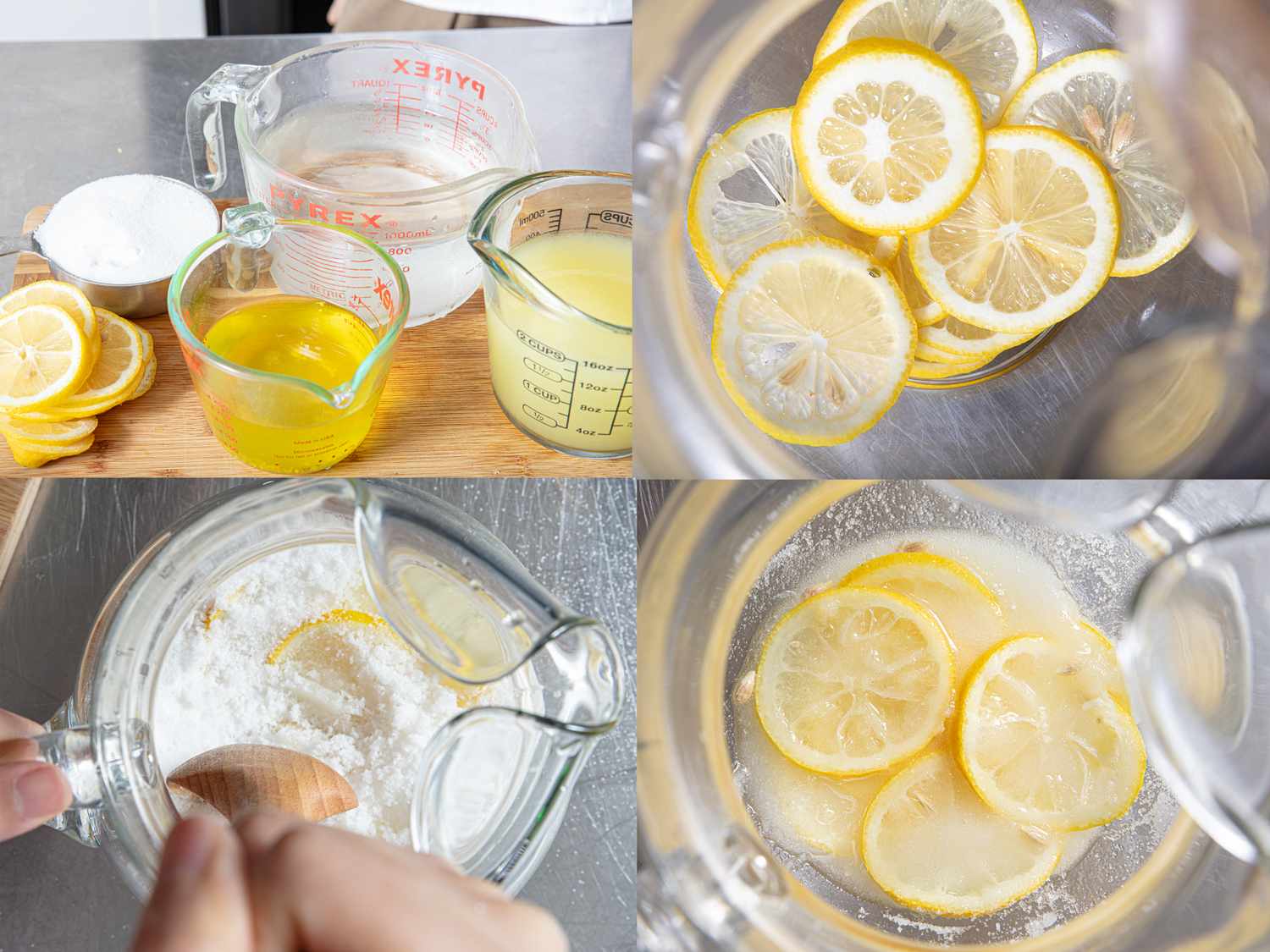 Stepbystep preparation of lemon syrup involving lemon slices sugar and measuring cups with liquid