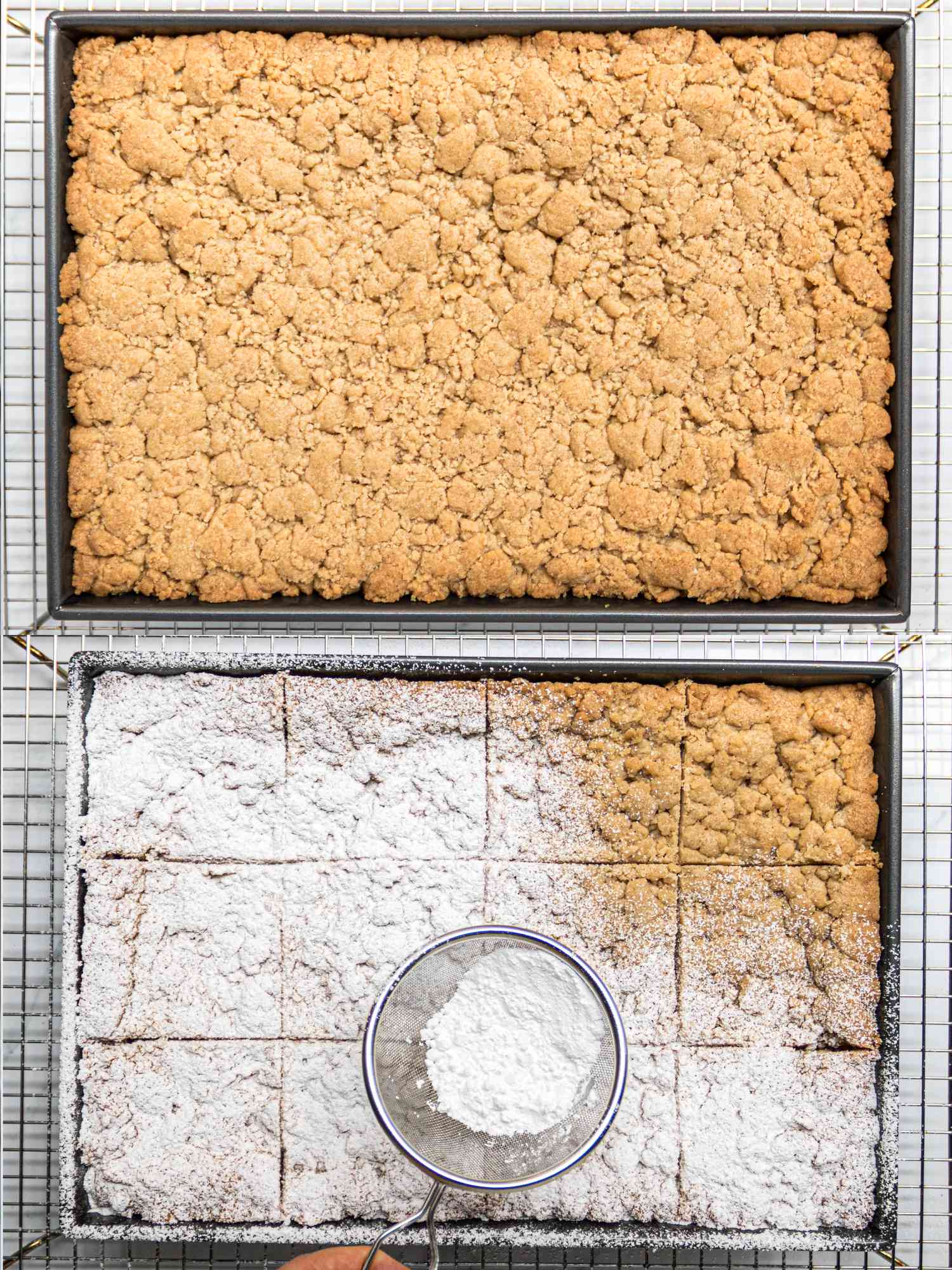 2 image collage. Top: Baked crumb bun in baking tin, on cooling rack. Bottom:Cut, baked crumb buns dusted heavily with confectioners sugar 