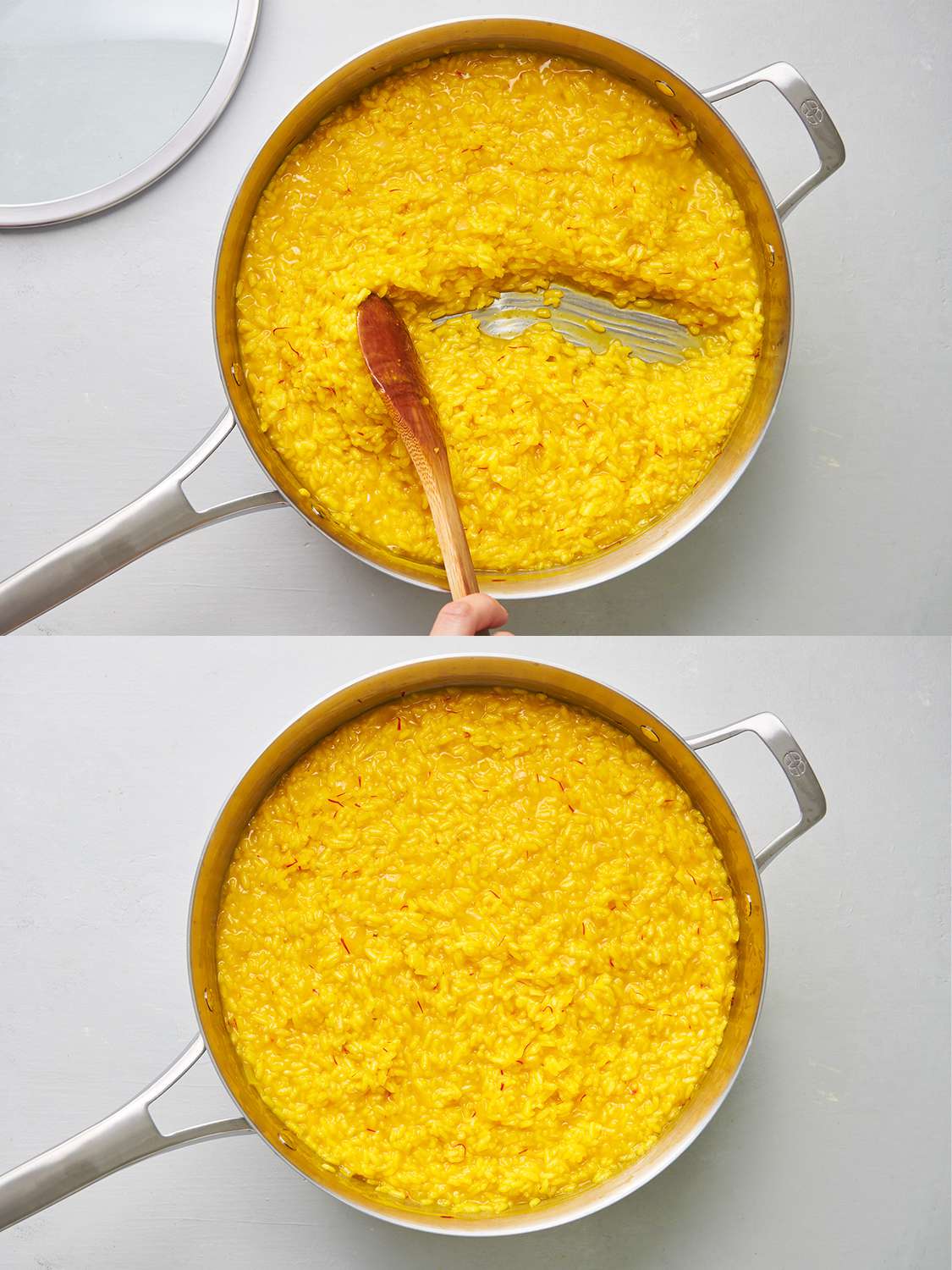 A two-image collage. The top image shows a wooden spoon being swiped through the pan of rice, demonstrating that the majority of the liquid has been absorbed. The bottom image shows the pan with the rice again distributed evenly in the pan.