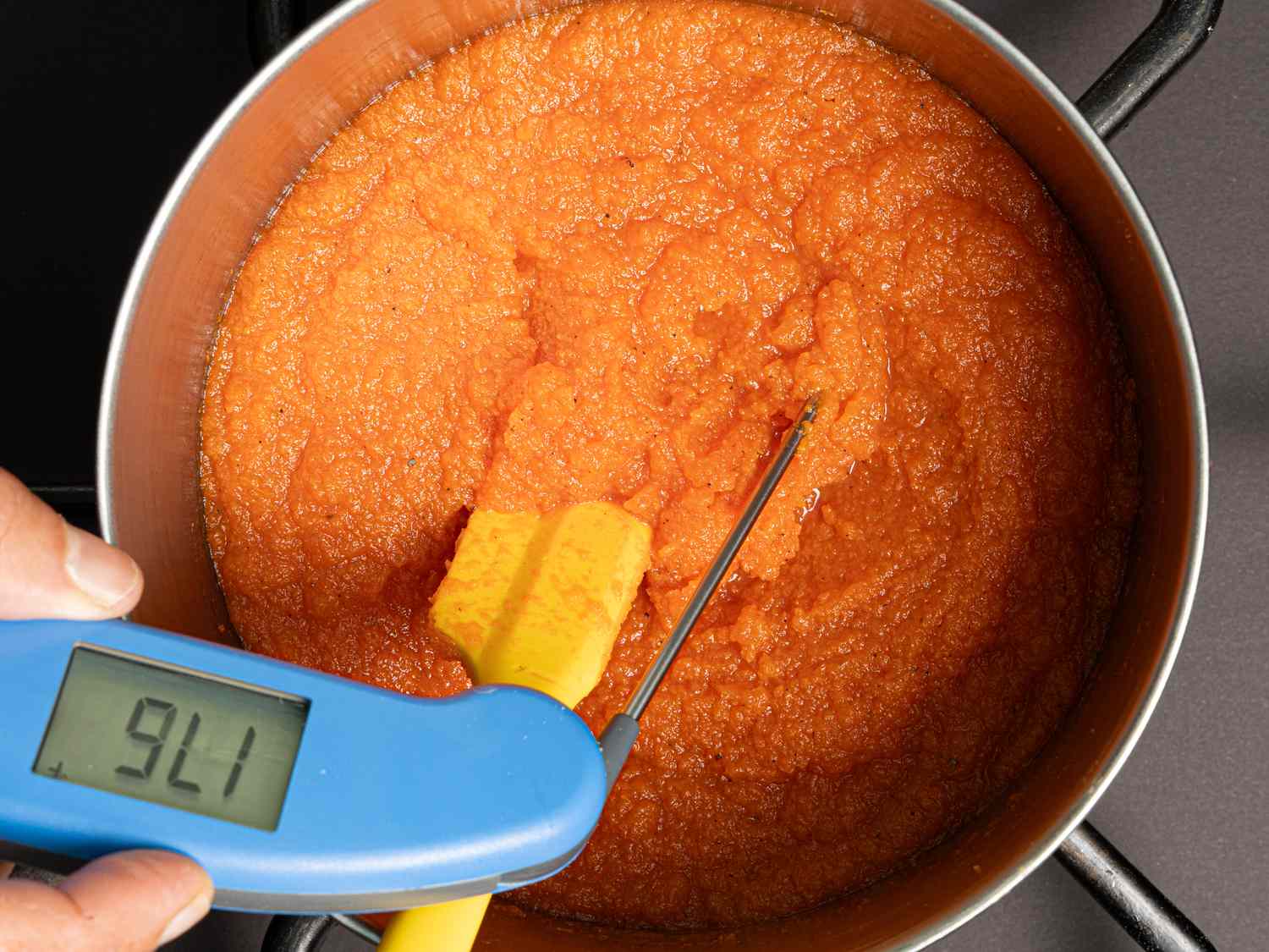 Overhead view of mixture back in pot