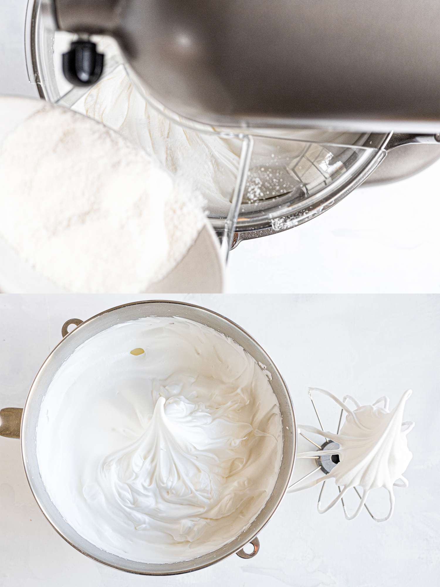 Two image collage streaming sugar in and stiff peaks formed