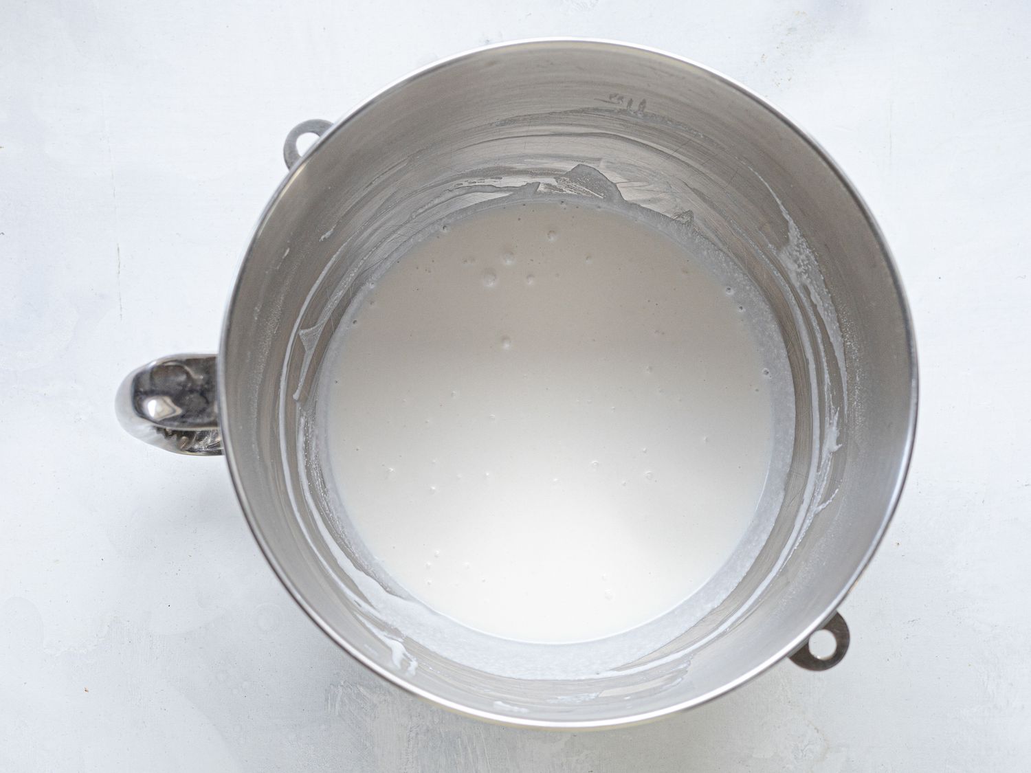 Overhead view of batter in standmixer bowl