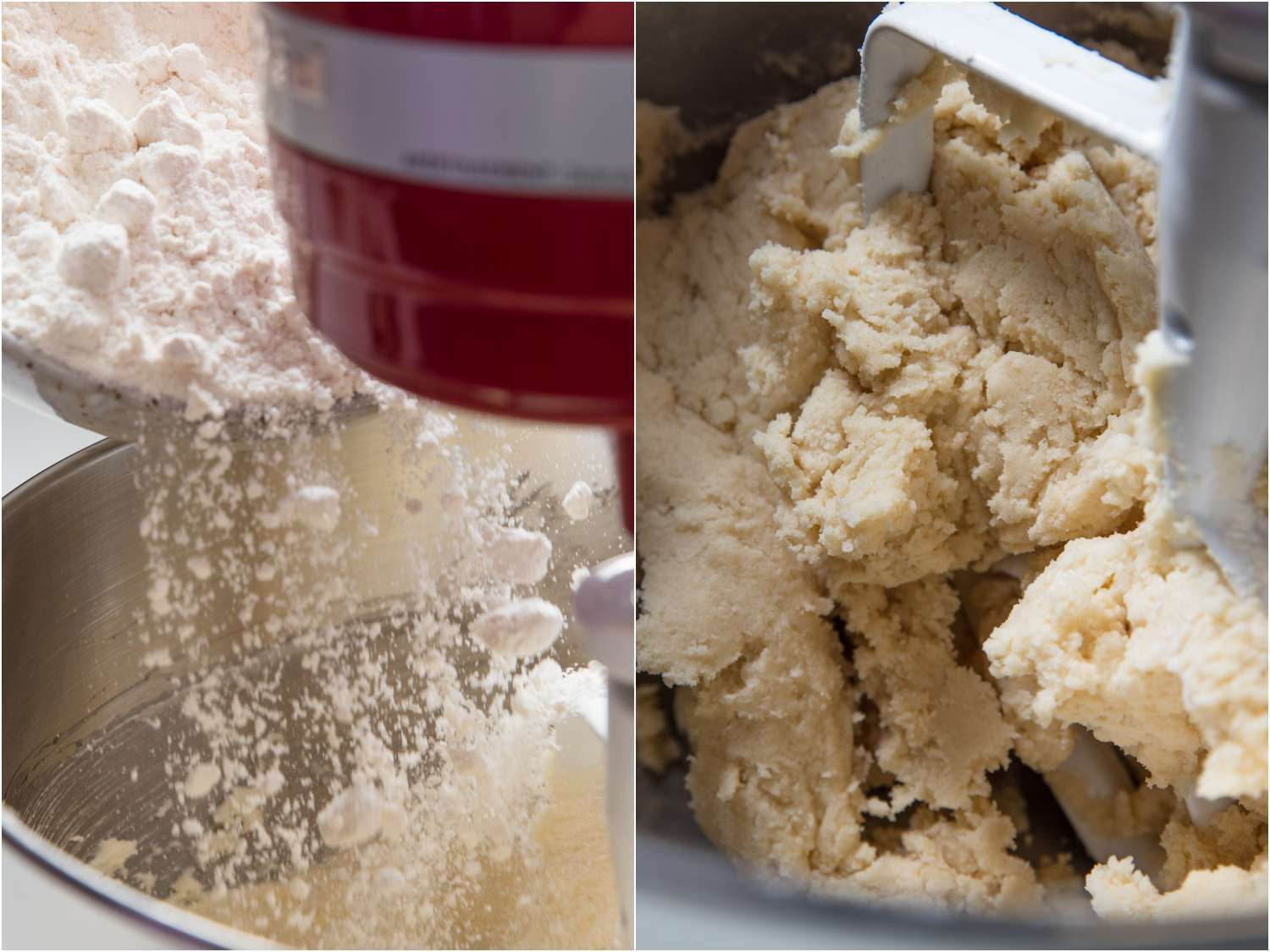 Adding flour to snickerdoodle dough and combine with a paddle attachment in a stand mixer.