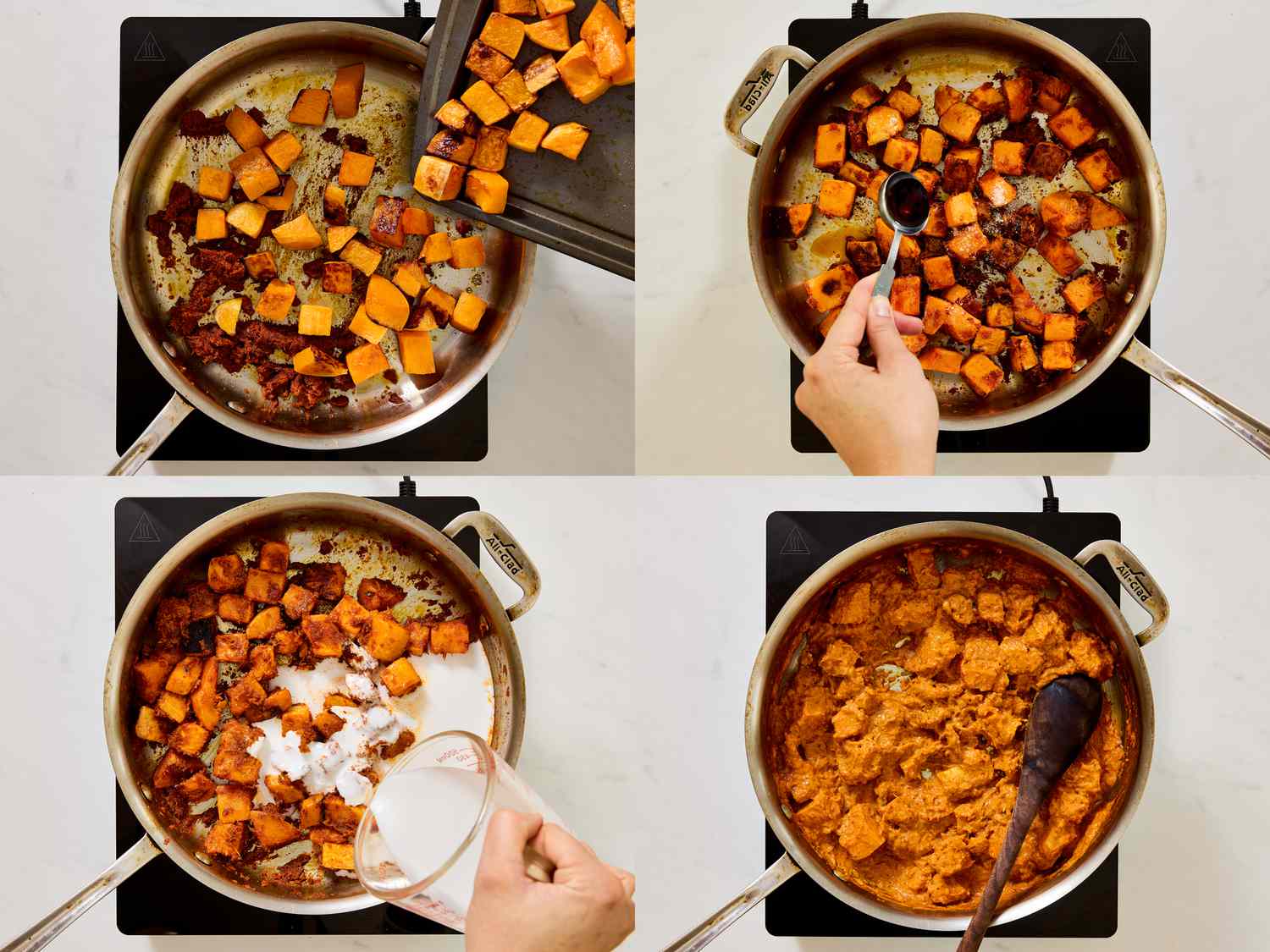 4 image collage. Top left: adding baked squash to pan. Top Right: adding tamari to squash in pan. Bottom Left: adding coconut milk to squash in pan. Bottom Right: squash curry thickened in pan