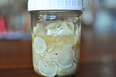 A pint jar of pickled hakurei turnips, ready to eat.