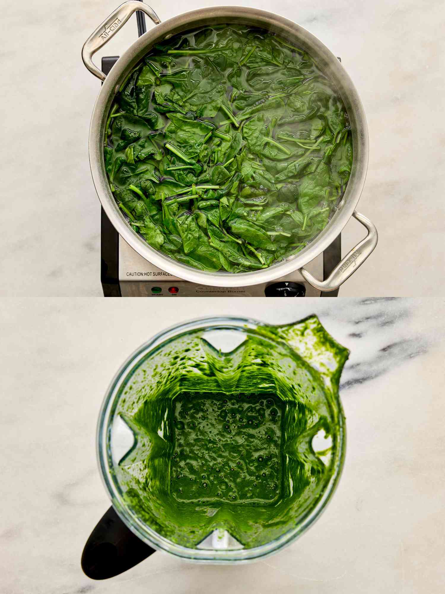2 image collage. Top: Spinach boiling in water. Bottom: Spinach blended in blender