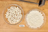 A bowl of Toshiba EM131A5C-BS Microwave Oven heated marshmallows next to a bowl of cold marshmallows