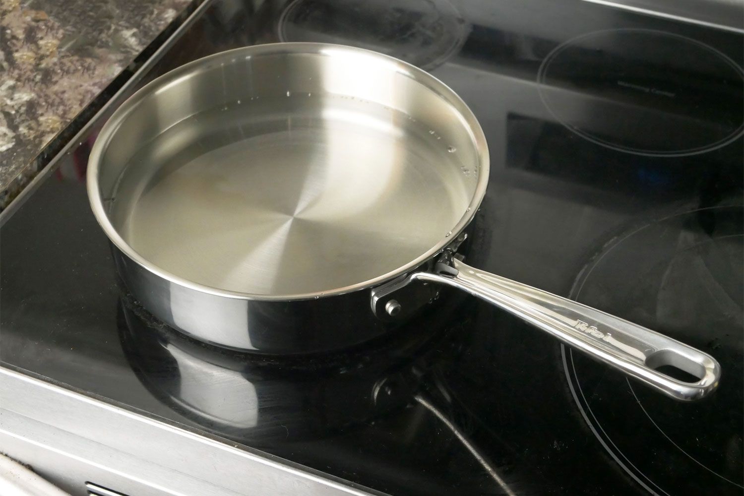 The T-Fal Pro Stainless Steel Saute Pan on a stove top