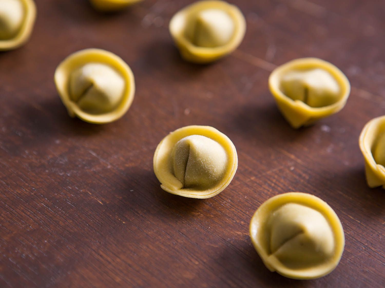 Two rows of formed but uncooked tortellini.
