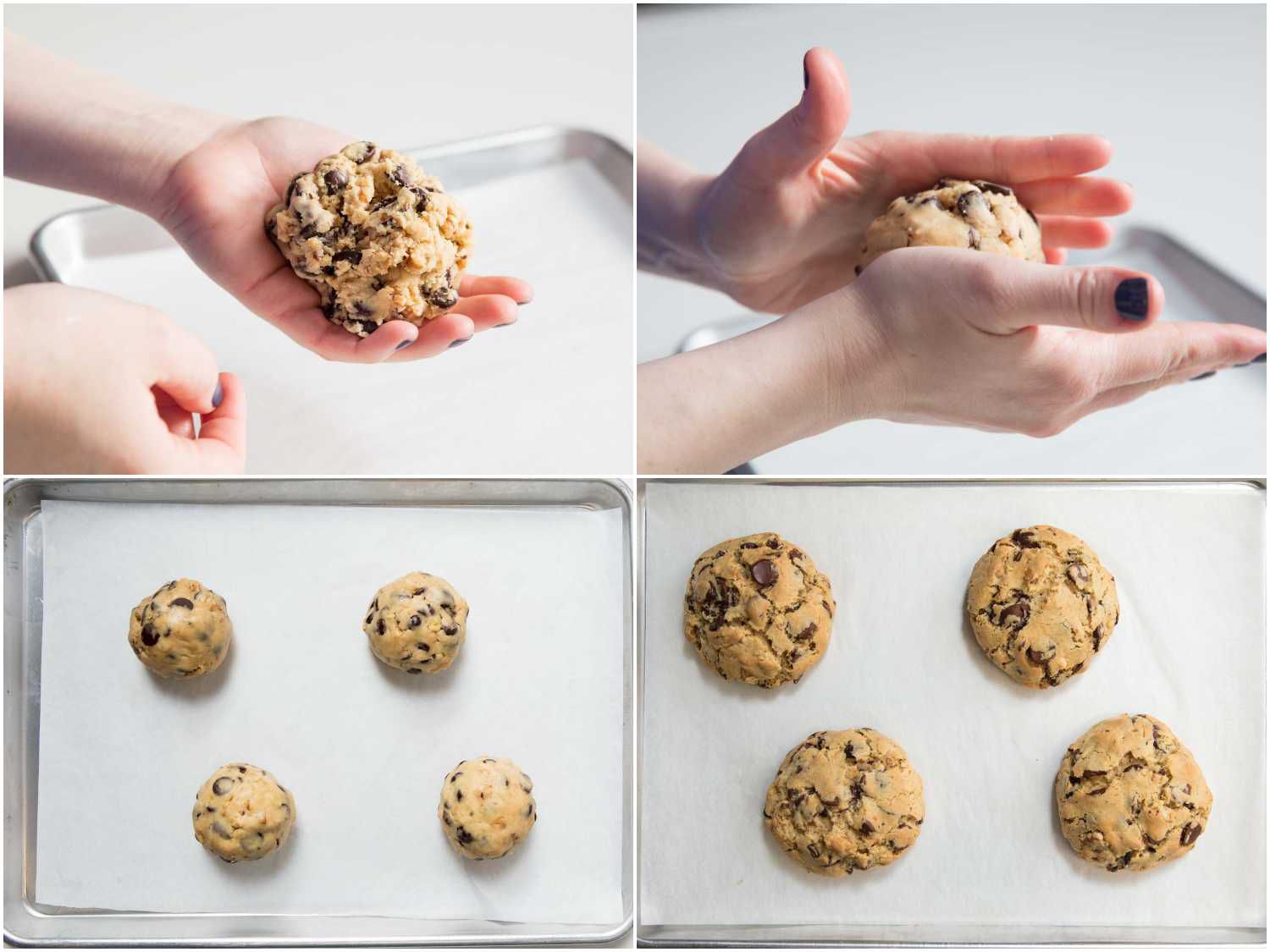 A collage of four photos showing how to shape cookie dough into large balls and place them on parchment lined baking sheets. 